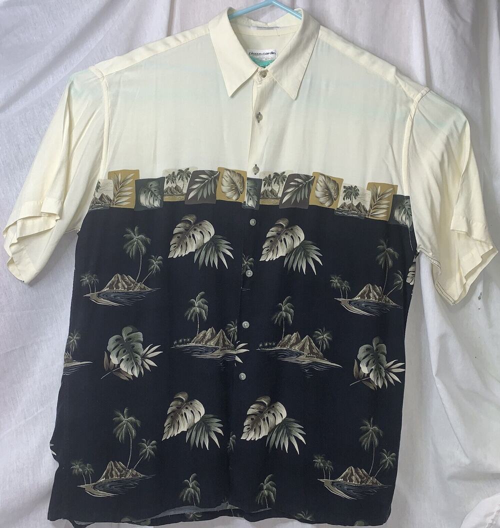 XL Vtg 80s Mens Pierre Cardin 100% Rayon Hawaiian Shirt Aloha Korea Border Print